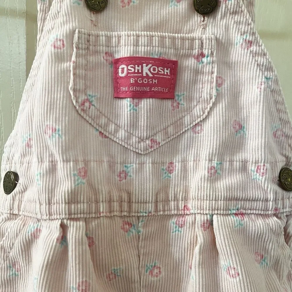 Vintage Oshkosh B'gosh Pink Floral Corduroy Overalls with Feet USA SZ 3-6 Months